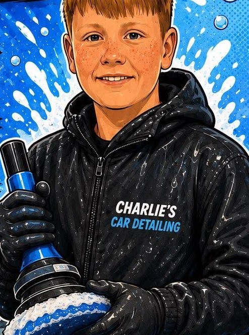 Cartoon illustration of Charlie with his detailing kit